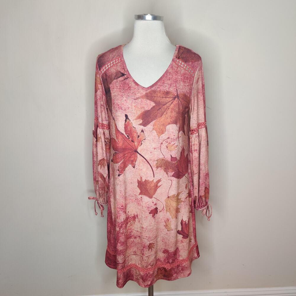 One World Dress Leaf Pattern Long Sleeve Stretch Tie Cuff